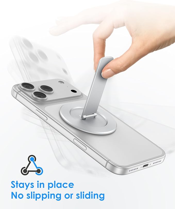 Magtame Magnetic Phone Stand for Magsafe, Ultra-Slim Snap-on Phone Holder Kickstand,180° Adjustable Angle Damping Design Cellphone Grip, Silver