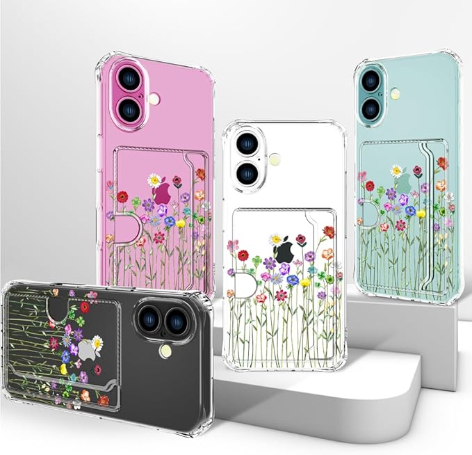 Compatible with iPhone 17 Case Card Holder for Women Cute Design,Wallet Phone Cases Transparent Cool Kawaii Protective (Clear Flower Floral Bouquet)