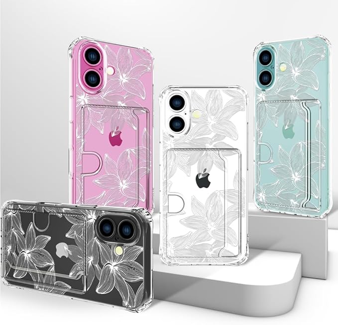 Compatible with iPhone 17 Case Card Holder for Women Cute Design,Wallet Phone Cases Transparent Cool Kawaii Protective (Clear Flower White)