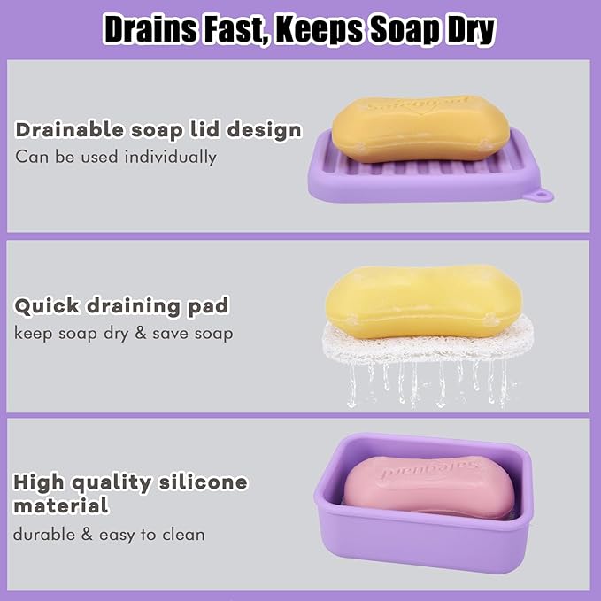 Silicone Leak-Proof Travel Soap Case, Portable Soap Container with Removable Draining Pad, Shatter-Proof Soap Holder for Travel, Gym, Camping, Bathroom(Light Purple)