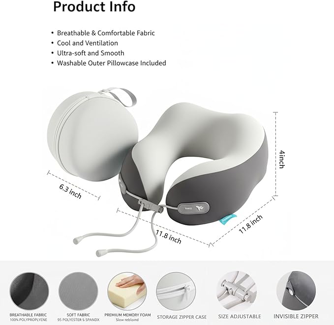 Travel Pillow with New Cool Material,Neck Pillow for Traveling 100% Pure Memory Foam,Travel Neck Pillow with Zipper Box, Airplane Pillow for Traveling,Travel Essentials (Grey)