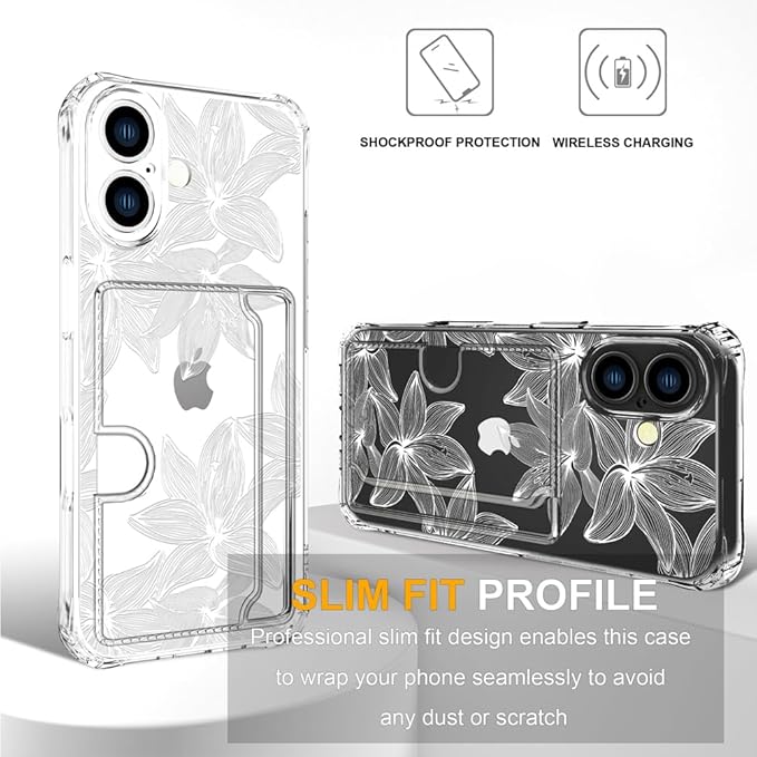Compatible with iPhone 16 Case Card Holder for Women Cute Design,Wallet Phone Cases Transparent Cool Kawaii Protective (Clear Flower White)