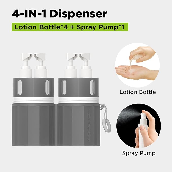 4 in 1 Travel Dispenser Bottle, TSA Approved Refillable Shampoo and Conditioner Bottles Set with Suction Cup for Smooth Walls, Travel Size Toiletries Container for Body Wash/Lotion.(Pink+Grey) 2P