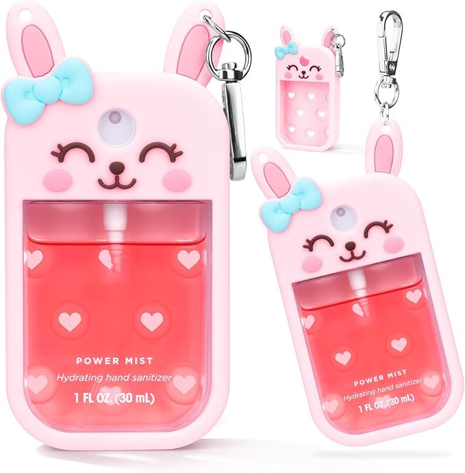 Metyond Rabbit Silicone Case for Touchland Hand Sanitizer Spray with Keychain, Compatible with Power Mist or Glow Mist 1 FL OZ/30ML for Touchland Case, Cute Travel Case for Easter Gifts (1 Pcs Pink)