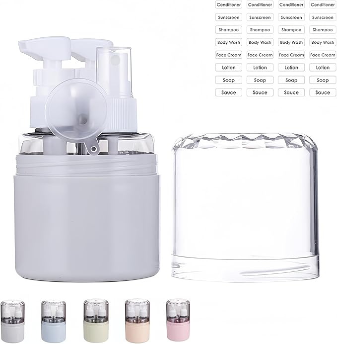 CLOUDEMO Mini Shampoo Dispenser Portable Travel Bottle Set, 2-in-1, 3-in-1, 4-in-1 Mini Dispenser Portable Travel Set, Leak Proof Refillable Travel Containers with Labels (Gray,3 in 1)