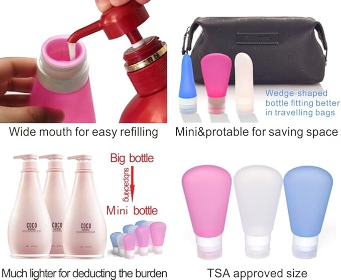 3 Pack Portable Food Grade Squeeze Silicone Liquid Travel Bottles for Shampoo, Conditioner, Lotion, Toiletries, Condiments (1 OZ Pink + White + Blue)