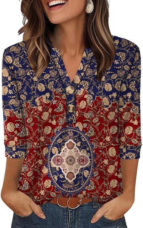 OFEEFAN Womens Tops 3/4 Sleeve Henley Shirts for Women Summer Outfits Fashion Clothing