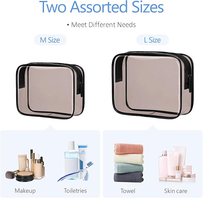 PACKISM TSA Approved Toiletry Bag 2 Pack - 1 Medium TSA Quart Carry-On & 1 Large for Checked Luggage, Water-resistant Clear Makeup Bag Clear Travel Bags for Toiletries, Black Brown