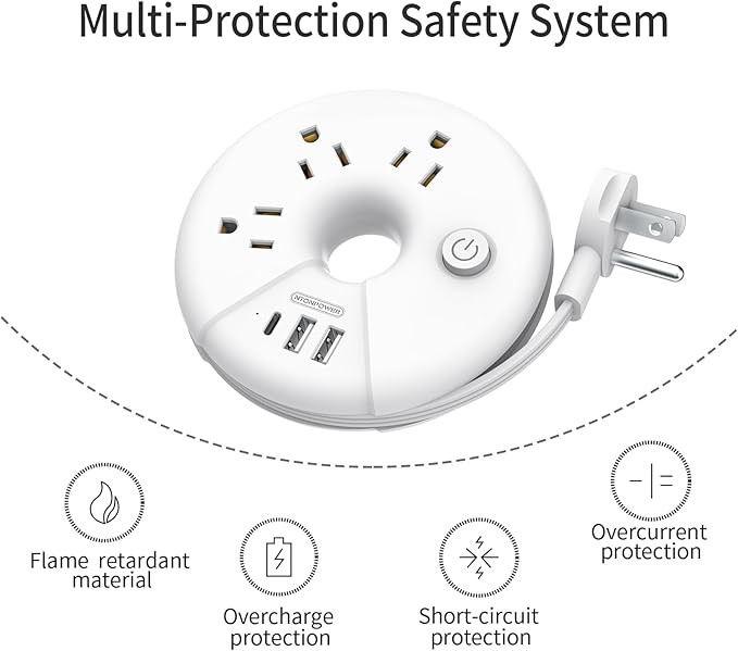 Travel Power Strip, NTONPOWER 3 Outlets 3 USB(1 USB C) Cruise Approved Power Strip, Short Extension Cord 3ft, Travel Essentials for Home, Hotels, Cruise Ship, Vacation, White, i-Donut