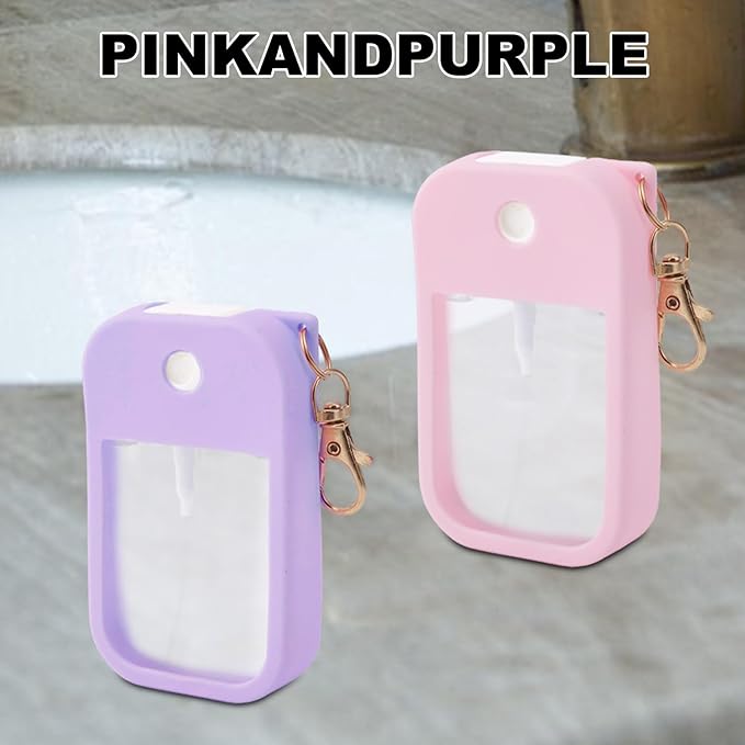 lasuroa 2pcs Hand Sanitizer Spray Case, Thickened Protective Silicone Case Compatible with Touchland Hand Sanitizer Spray with Keychain for 1 Fl Oz Portable Accessory (Pink, Purple)