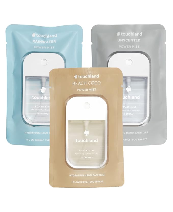 Touchland Hydrating Hand Sanitizer Spray – Dye Free Trio Set (Rainwater, Unscented, Beach Coco) – 3 x 1 FL OZ Mini Travel Size Mists