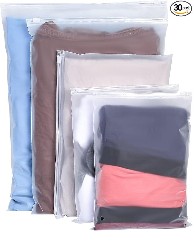 30 Pcs Clothes Packaging Bags Plastic Packing Bags Reusable Zip Clothing Bag Travel Storage Bags Frosted Waterproof Organizers Pouch for Clothes Shipping Shoes Cosmetics Travel Essentials