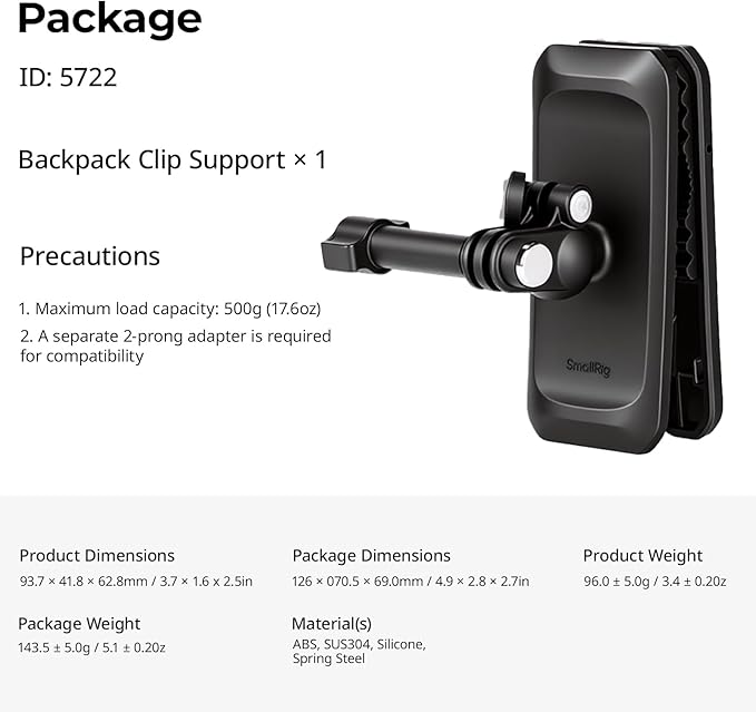 SMALLRIG Magnetic Backpack Strap Clip Mount for GoPro Hero 13/12/11/10, for DJI Osmo Nano Action 6/5 Pro/4/3/Pocket 3, for Insta360 X5/4/3/Ace Pro 2, with Ball Head Adapter Base Mantis Hook - 5722