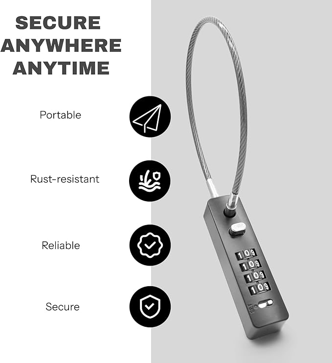 4 Digit Combination Cable Lock with Code for Luggage Suitcase, 11.8" Python Cable Chain, Combo Travel Lock for Bike Scooter Motorcycle Helmet Safe, Outdoor Fence Gate, Locker, Refrigerator
