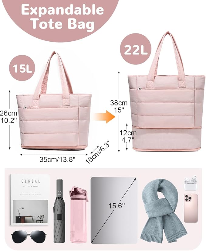 Expandable Puffer Tote Bag with Zipper for Women, Lightweight 15.6 Inch Laptop Work Tote Bag, Large Travel Tote Bags | Luggage strap, Lightweight, For 15.6 inch Laptop, Expandable, Multi-Compartments