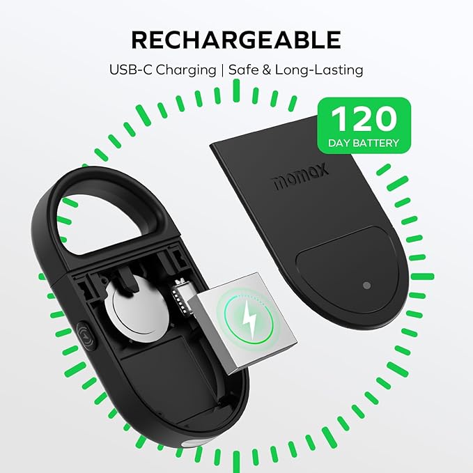 Momax Key Finder Tracker Tag – Smart Personal Alarm Rechargeable Tracking Device with SOS Alert & LED Strobe, Find My (iOS Only), Anti-Lost Tags with Keychain, Travel Gadget for Women, Girls, Black