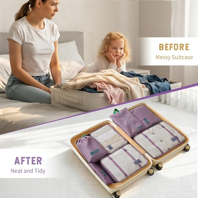 8-Piece Expandable Packing Cubes Set with Hanging Toiletry Bag, Lightweight Compression Travel Organizers for Carry-On Suitcase(Purple)