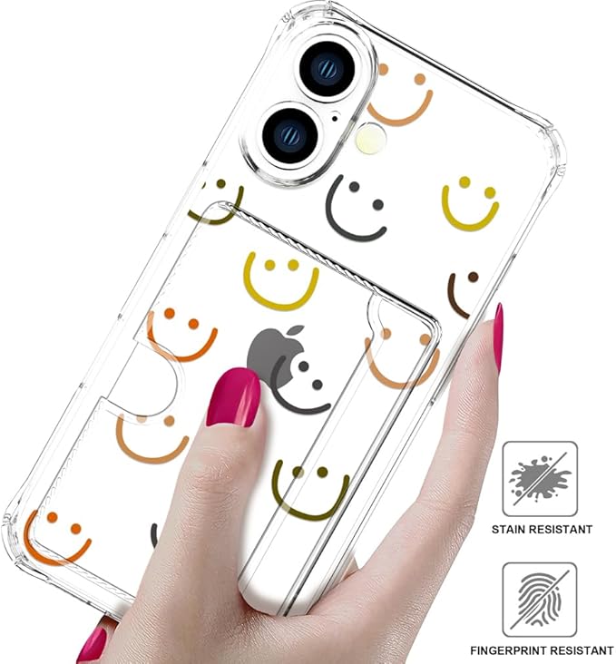 Compatible with iPhone 16 Case Card Holder for Women Cute Design,Wallet Phone Cases Transparent Cool Kawaii Protective (Clear Smiley Face)