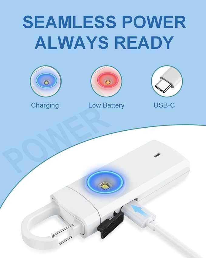 Rechargeable Personal Safety Alarm for Women, Loud Siren Birdie Sound, Strobe SOS LED Light, USB Charging, Be Safe with Personal Alarm Self Defense Keychain for Wife, Daughter, Student, White