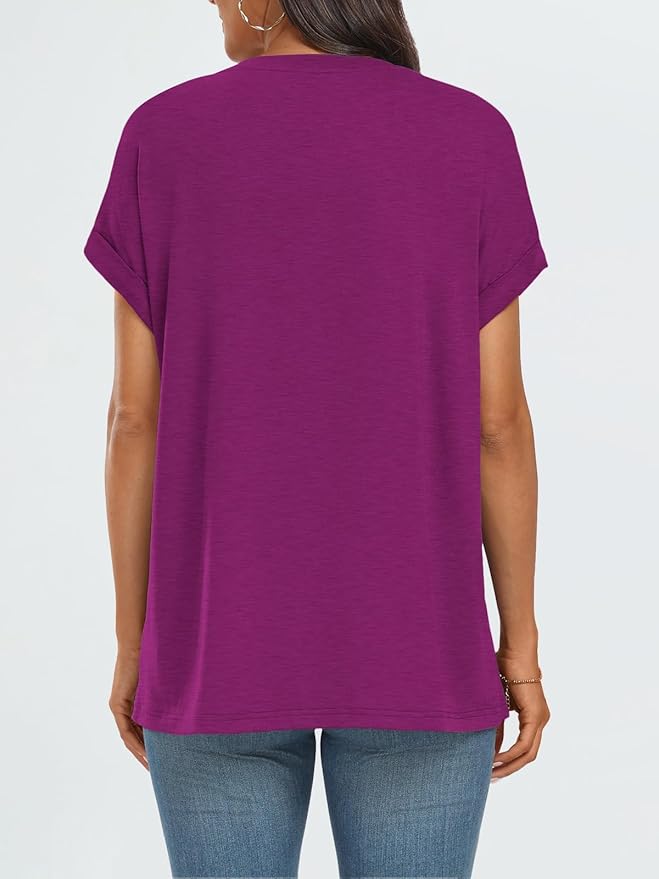 AUTOMET Women's Oversized Short Sleeve T Shirts Casual Drop Shoulder Rolled Cuff Summer Tops for Work, Travel and Lounge