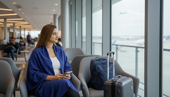 Wayfarer Shawl with Pouch | Voyagers Comfort Set with Luxury Travel Scarf, Eye Mask, Satin Scrunchies & Travel Pouch