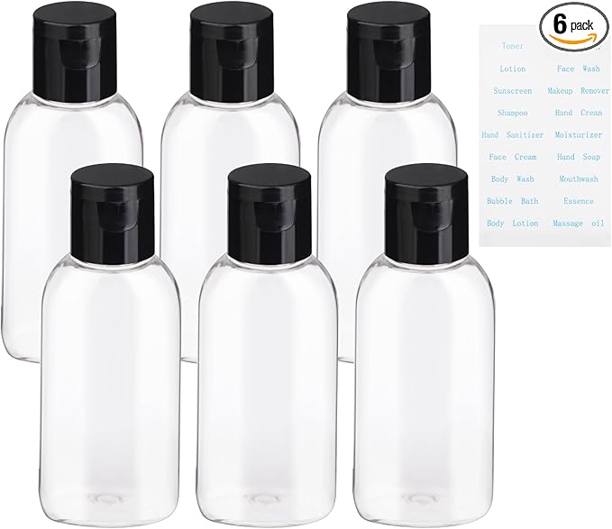 Travel Bottles for Toiletries BPA-Free Empty Squeeze Containers,6 Pack 1.69 oz Refillable Squeeze Bottle, Leak Proof Small Plastic Shampoo Containers with Labels