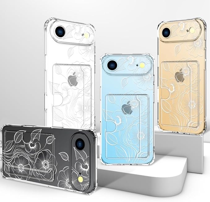Compatible with iPhone 17 Air Case Card Holder for Women Cute Design,Wallet Phone Cases Transparent Cool Kawaii Protective (Clear Seamless Abstract Flower)