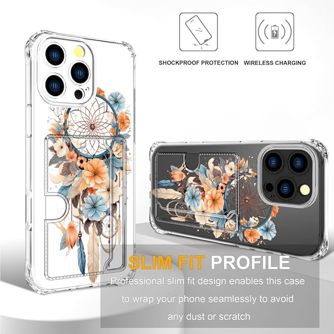Compatible with iPhone 16 Pro Case Card Holder for Women Cute Design,Wallet Phone Cases Transparent Cool Kawaii Protective (Clear Dreamcatcher Dream Cather)