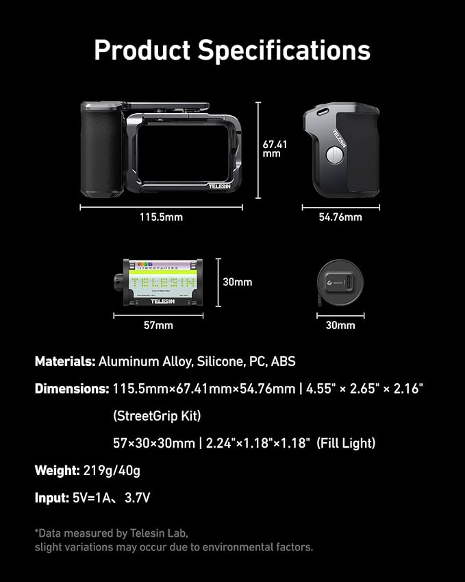 TELESIN Aluminum Alloy Grip Kit for DJI Action 6 with Metal Protective Cage & Magnetic RGB Video Light, Portable LED Camera Light with Diffuser, CRI 95+, Cold Shoe Mount