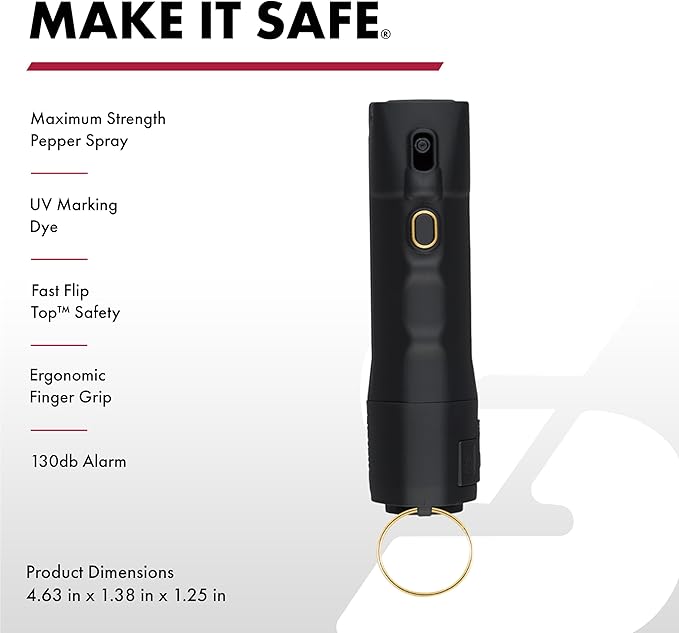 Sabre 2-in-1 Pepper Spray with 130dB Personal Alarm, Alert and Defend with One Press, Fast Flip Top Safety with Finger Grip and Tuck-Away Keyring, Maximum Strength, UV Marking Dye