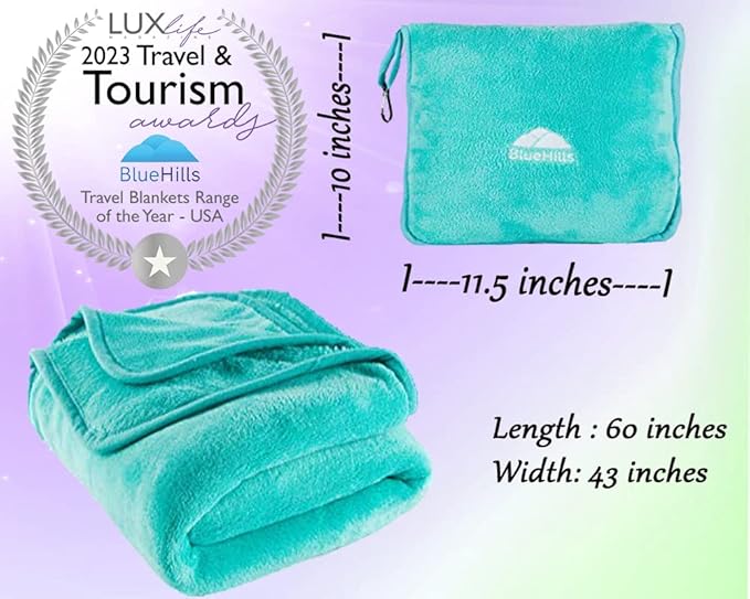 BlueHills Travel Blanket Pillows for Two Airplane Traveling Essentials Flight Throws in Bag case with Backpack Clip Compact Large Plane Accessories – Teal Green and Brown