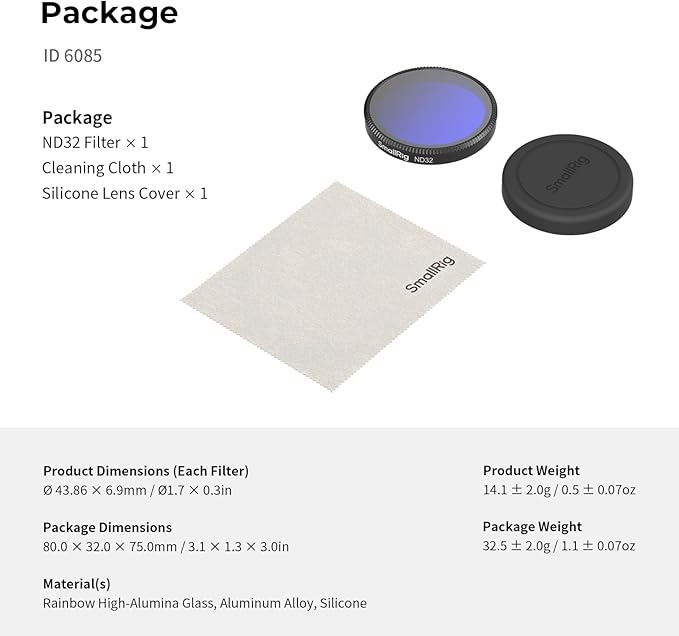 SmallRig ND32 Filter for DJI Osmo Action 6, Snap-On Polarizing Neutral Density Filter, with Lens Silicone Cover & Cleaning Cloth, HD Optical Glass/Multi-Coated - 6085