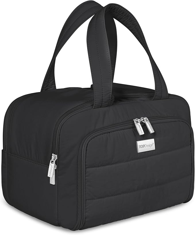 TOPDesign Travel Toiletry Bag for Women, Puffer Large Toiletry Bag, Lightweight Cosmetic Makeup Organizer with Handle for Traveling, Accessories, Essentials, Toiletries (Black)