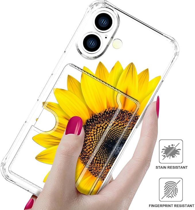 Compatible with iPhone 17 Case Card Holder for Women Cute Design,Wallet Phone Cases Transparent Cool Kawaii Protective (Clear Sunflower Sun Flower)