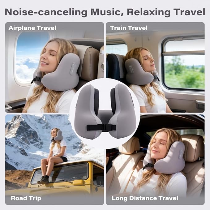 Neck Travel Pillows for Airplanes with Bluetooth, Premium Memory Foam Neck Pillow, Noise Reducing Travel Pillow for Long Flight, Office, Cars, Home, Sleeping and Rest, Gray