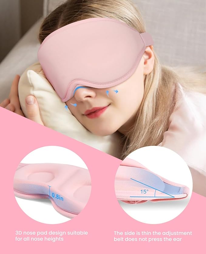 Sleep Mask for Side Sleeper Women Men, Light Blocking Eye Mask for Sleeping, 3D Contoured Cup Sleeping Mask for Zero Eye Pressure, with Adjustable Elastic Strap for Sleep Travel, Pink