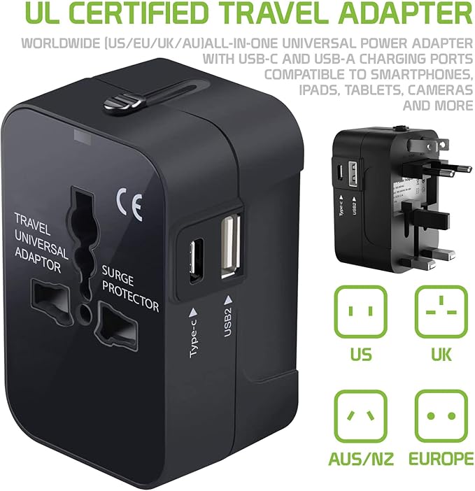 Portable Worldwide Universal Power Adapter Converter All in One International Wall Charger Plug for Wall Plug Input in USA EU UK France Italy Australia India Outlets (with USB-A and USB-C)