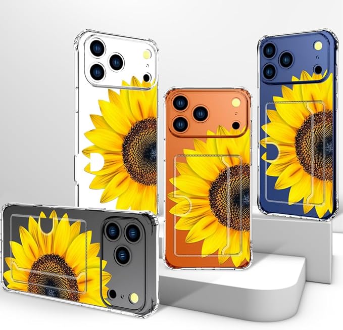 Compatible with iPhone 17 Pro Max Case Card Holder for Women Cute Design,Wallet Phone Cases Transparent Cool Kawaii Protective (Clear Sunflower Sun Flower)