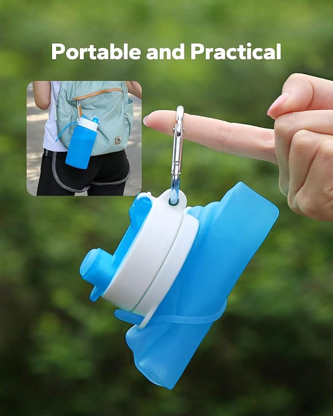Collapsible Water Bottle, Portable Folding Bottle & Water Bottle with Clip for Backpack, Foldable Water Bottle BPA Free, Sport Bottle Water Squeeze Collapble Watterbottles (Blue)