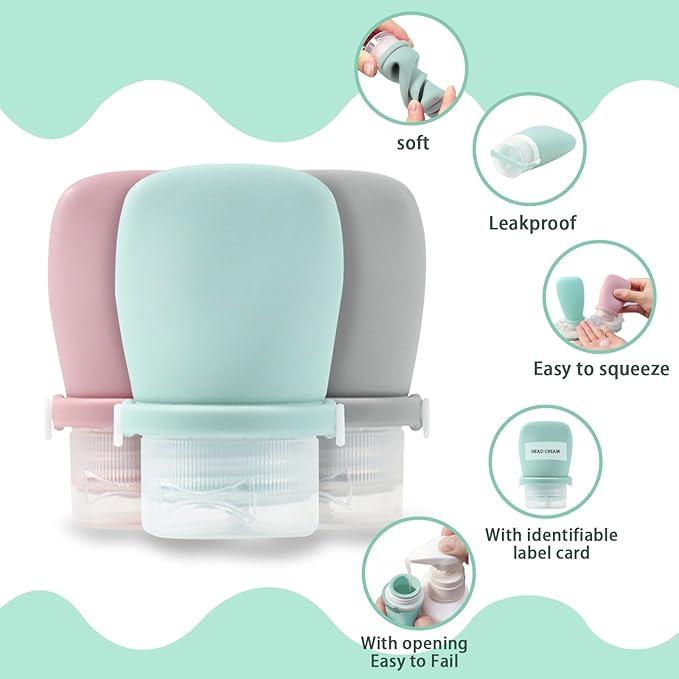 Silicone Travel Bottles Set for Toiletries, Leak Proof Refillable Squeezable Containers, Travel Containers 38ml（1.3oz） for Shampoo Conditioner Lotion Liquids, with Storage Bag Tag