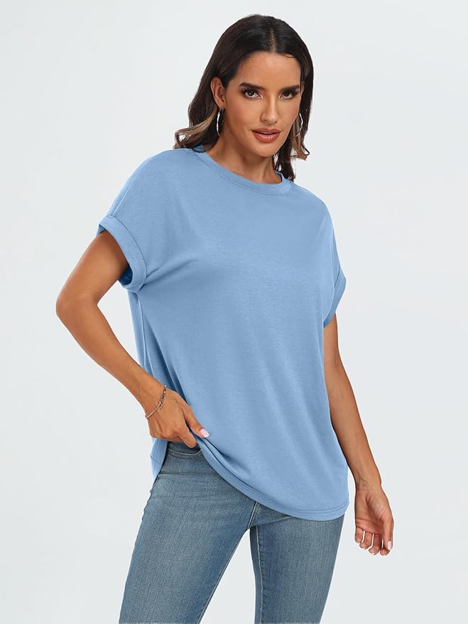 AUTOMET Women's Oversized Short Sleeve T Shirts Casual Drop Shoulder Rolled Cuff Summer Tops for Work, Travel and Lounge