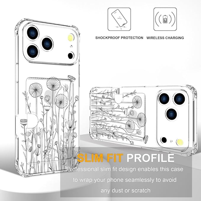 Compatible with iPhone 17 Pro Max Case Card Holder for Women Cute Design,Wallet Phone Cases Transparent Cool Kawaii Protective (Clear Black Flower Bouquet)
