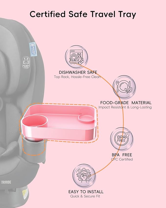 Toddler Car Seat Snack Tray - 3 Inch Cup Holder with Dip Well Fits Most Sippy Cups & Straw Bottles, Mess-Free Square Kids Travel Tray Road Trip Essentials, Pink