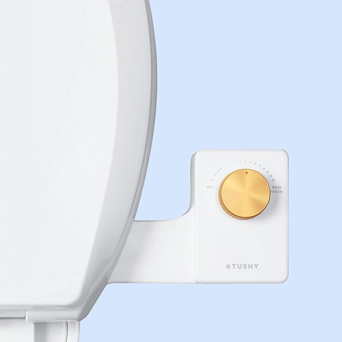 TUSHY Fresh Cool Water Bidet: Ultra Slim Toilet Seat Attachment (Non-Electric Self-Cleaning Hygienic Nozzle) Easy DIY Install <10 Min (Adjustable Water Pressure Control), Brushed Brass Knob