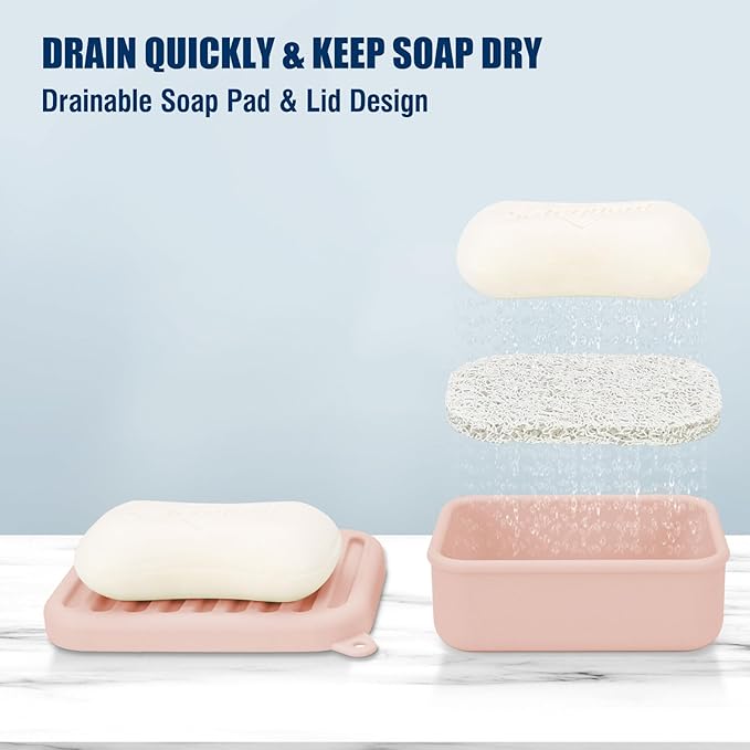 Superior Leak-Proof Silicone Travel Soap Case with Drainage Lid/Layer, Compact Bar Soap Container, Durable Soap Holder for Camping, Gym, and Travel Size Toiletries (Pink)