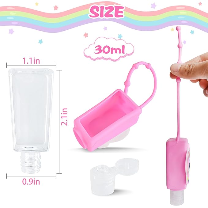 Refillable Travel Bottles Containers, 4 Pack Hand Sanitizer Travel Size Holder with Empty Silicone Bottles Case Keychain Carrier, Leak Proof Portable Bottle for Liquid Soap, Lotion (Unicorn)