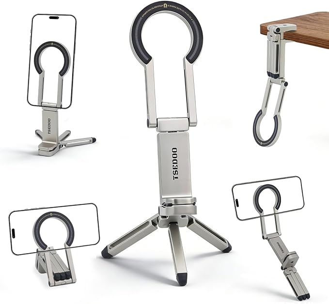 Magnetic Tripod for iPhone - Foldable Mini Pocket Phone Stand, Portable Selfie Stick Handle Grip with 360°, Airplane Travel Essentials, Phone Holders for Your Car and Gym (Silver)
