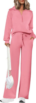 PRETTYGARDEN Women's 2 Piece Outfits Casual Lapel Half Zip Sweatshirts and Wide Leg Pants Tracksuit Sets