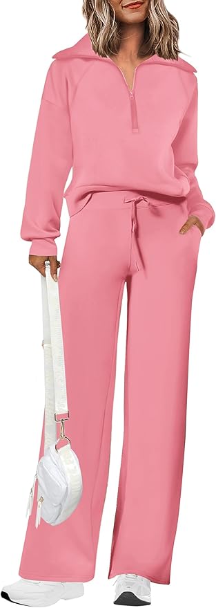 PRETTYGARDEN Women's 2 Piece Outfits Casual Lapel Half Zip Sweatshirts and Wide Leg Pants Tracksuit Sets