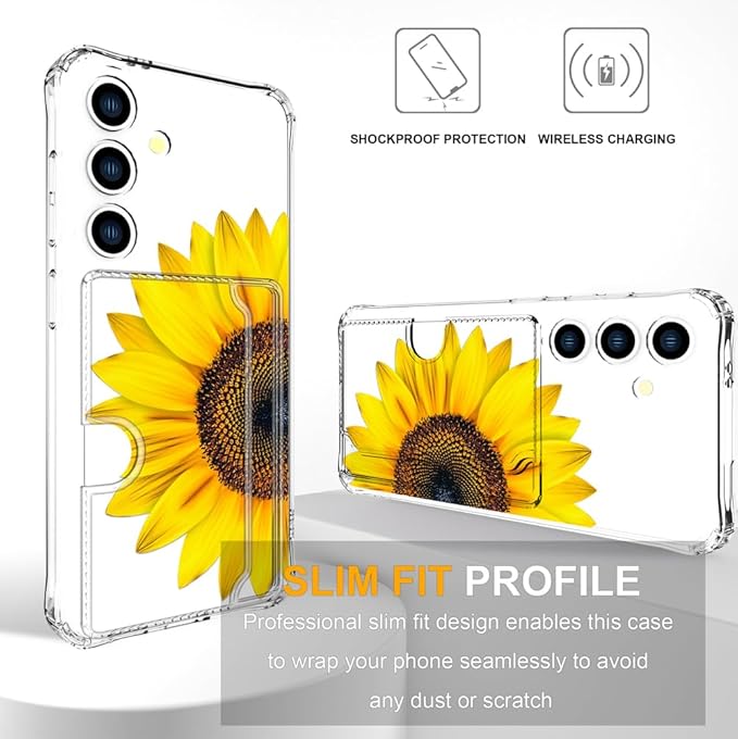 Compatible with Samsung Galaxy S24+ Plus / S25+ Plus Case Card Holder for Women Cute Design,Wallet Phone Cases Transparent Cool Kawaii Protective (Clear Sunflower Sun Flower)